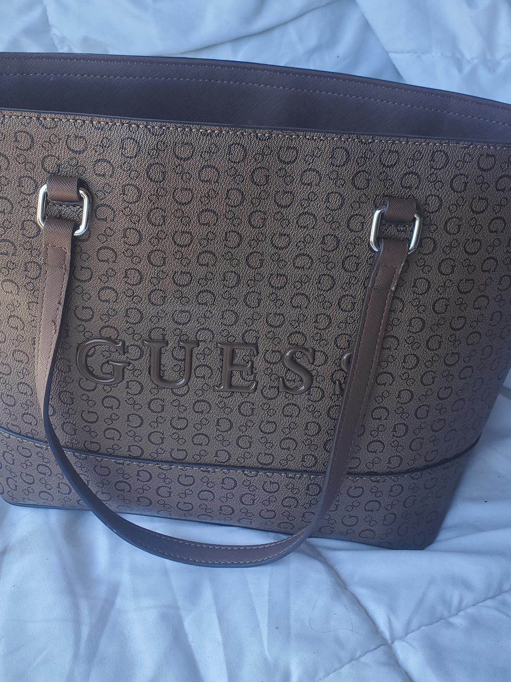 GUESS Brown Logo Monogram Tote with Leather Trim